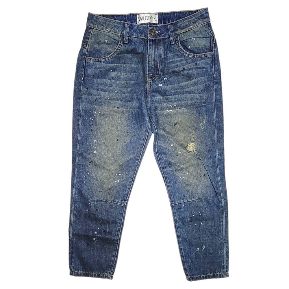 WILDFOX Relaxed Loose Baggy Crop Boyfriend Jeans Paint Splatter Size 24